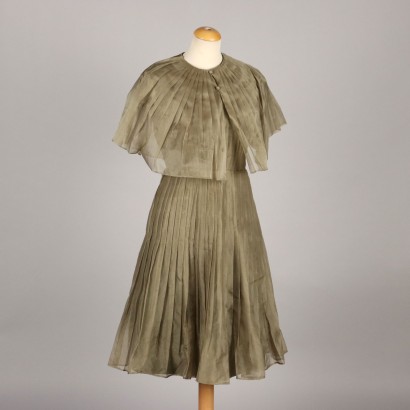 Vintage Kleid mit Umhang Gr. M Georgette Salbeigrün