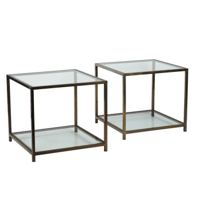 Pair of Vintage Coffee Tables with Double Top 1970s Brass Glass