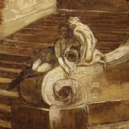 Tableau Ancien '800 Paysage de Rivière avec Escalier Huile sur Toile