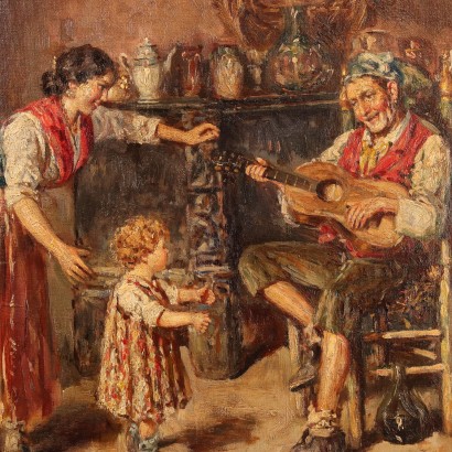 Ancient Painting Scene with a Concert Oil on Canvas XIX Century