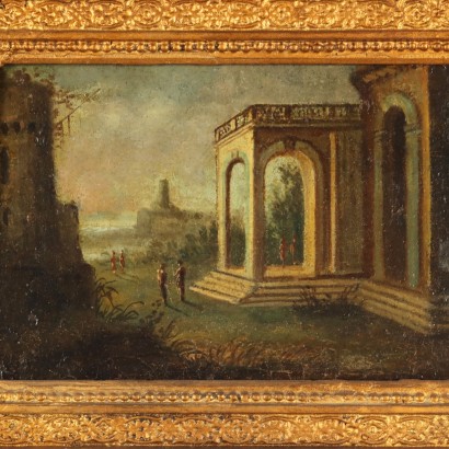 Ancient Painting '700-'800 Architectural Capriccio Oil on Canvas