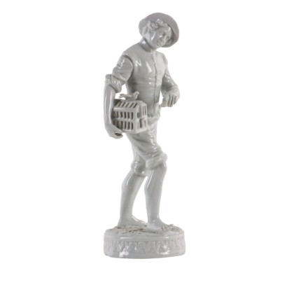 Figurine Jeune Homme Avec Cage En Porcelaine Blanche