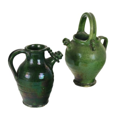 Pair of Ancient Jars Early '900 Enamelled Terracotta
