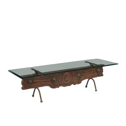 Ancient Coffee Table Engraved Base '900 Wood Metal Crystal Top