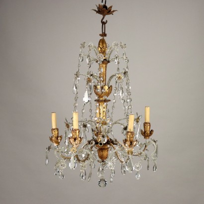 Ancient Chandelier Early XX Century Gilded Wood Metal Glass