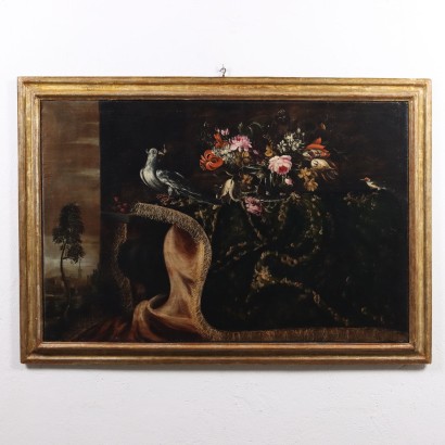 Still life painting with flowers and birds,Still life with flowers and birds