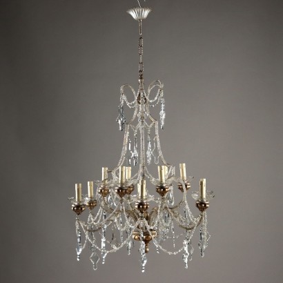 Ancient Chandelier Crystal Carved Wood Italy XX Century