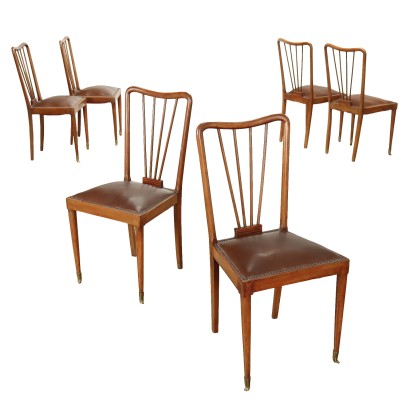Group of 6 Vintage Chairs from the 1950s Wood Brass Tips Leatherette