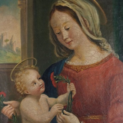 Tableau Ancien '800 Vièrge Marie avec Enfant Huile sur Toile Cadre