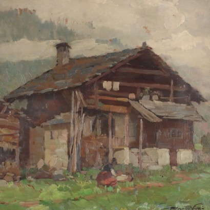Ancient Painting M. Moretti Foggia '900 Mountain Cabins Oil on Wood