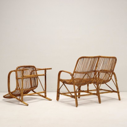 Sofa und Sesselpaar, Trio aus Bambussitzen aus den 1950er bis 1960er Jahren