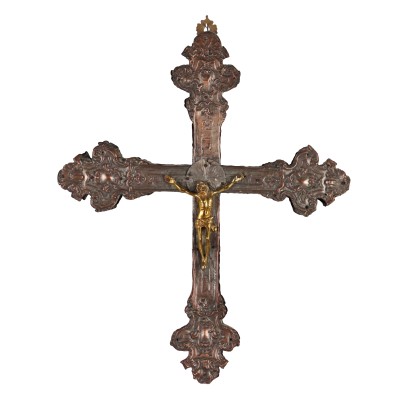 Crucifix Baroque Ancien '700 Tôle Doré et Argenté Bronze