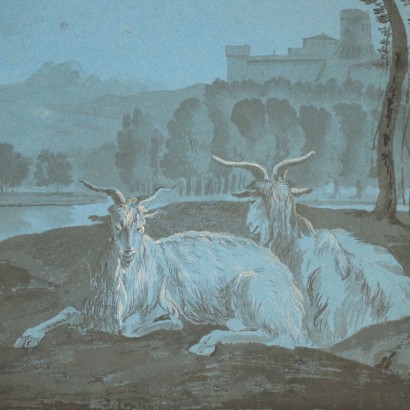 Rural Nightscape With Goats Mixed Technique On Cardboard 18th Century