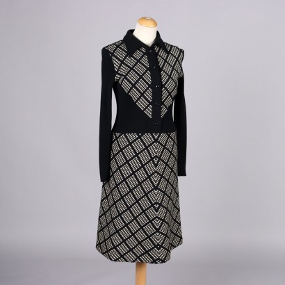 Vintage Dress by Lanvin Size 14 1970s Wool Geometric Pattern