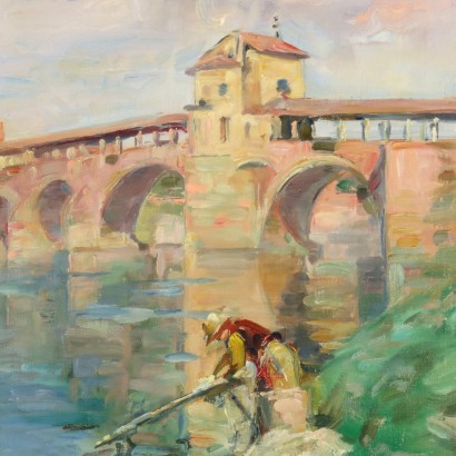 Ancient Painting Mario Acerbi The Old Bridge of Pavia Oil Painting