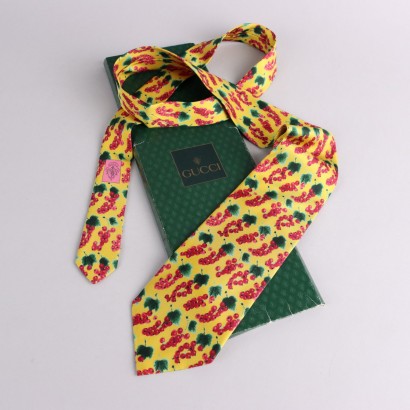Cravate Gucci Vintage Raisin des Années 70 Pure Soie Jaune Décorations