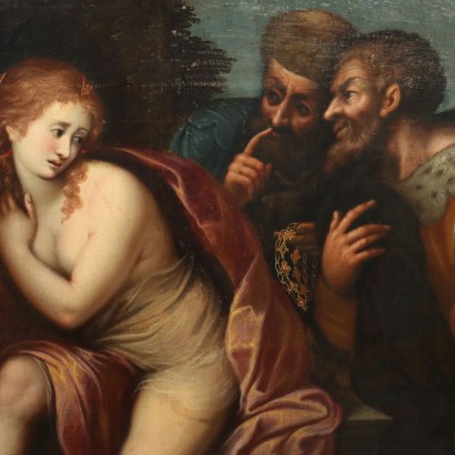 Antikes Gemälde Biblischer Szene Suzanne und die Ältesten XVII Jhd