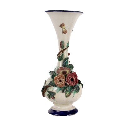 Vase Ancien Man. Naples Fin du XIXe Siècle Majolique Fleurs