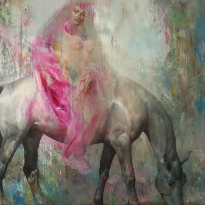 Zeitgenössisches Gemälde M. Goracci Weibliche Figur auf Pferd