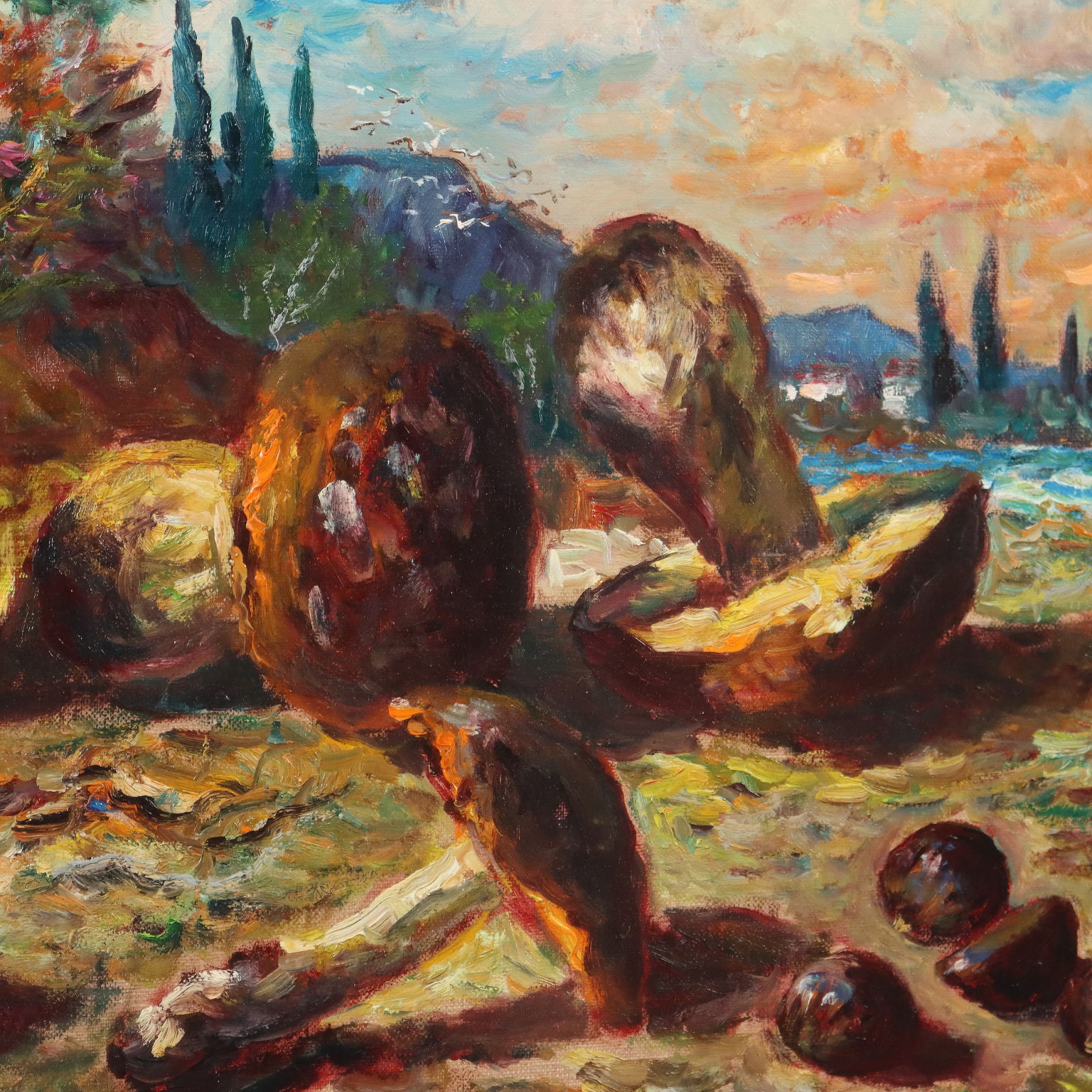 Dipinto Contemporaneo G.F. Gonzaga Frutti in un Paesaggio Olio su tela