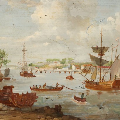 Tableau Ancien Aperçu du Port avec Bateaux '800 Huile sur Cuivre