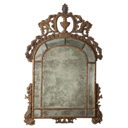 Antiker Spiegel des XX Jhs Geschnitztes Holz Merkurspiegel Italien