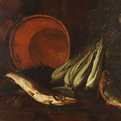 Ancient Painting F. Boselli Still Life with Fishes '600 Oil on Canvas
