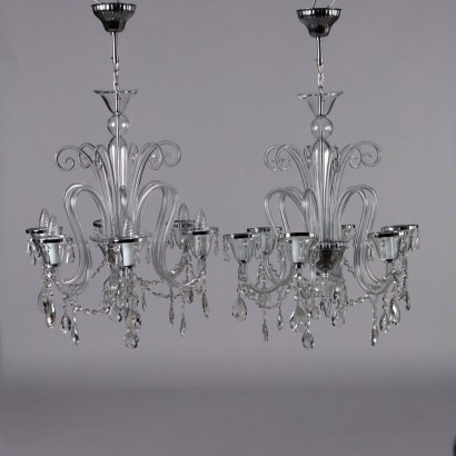 Pair of Antique 6-Lights Chandeliers '900 Glass Pendants Crystal