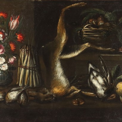 Antique Painting Still Life with Game '600-'700 Oil on Canvas