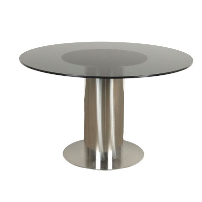 Vintage Tisch der 70er Jahre Verchromtes Aluminium Rauchglas