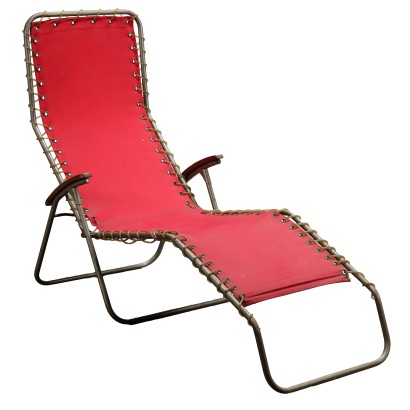 Vintage 1960s Deck Chair by Homa Wood Metal Red Cloth Italy