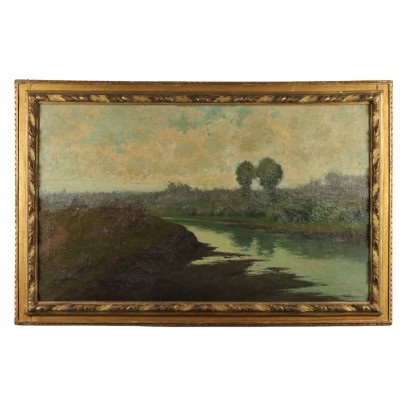 Antikes Gemälde R. Borgognoni Landschaft Öl auf Leinwand '900