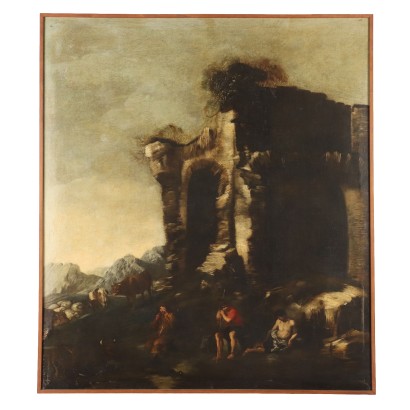 Antikes Gemälde Landschaft mit Ruinen Öl auf Leinwand XVIII Jhd