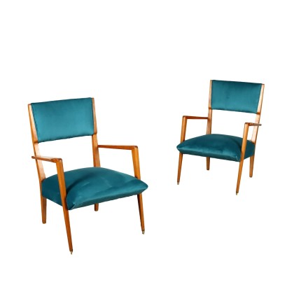 Paar Vintage Sessel aus Buchenholz und Samt Italien der 50er Jahre