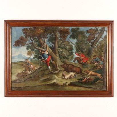Antique Painting The Boar Hunting Oil on Canvas XVIII Century