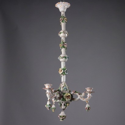 Antiker Kronleuchter 3 Lichtern Porzellan Capodimonte Italien des XX J