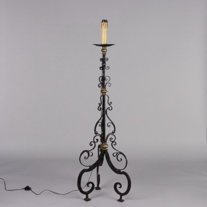 Antiker Kerzenhalter aus Schmiedeeisen mit Messingdekorationen '800