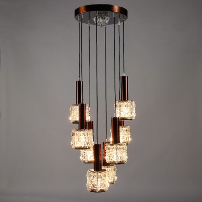 Vintage 60s-70s Chandelier 8 Pendants Aluminium Metal Glass Italy