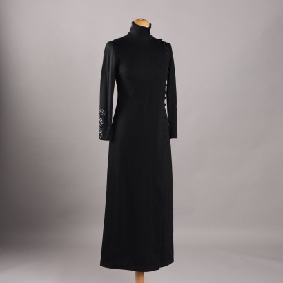 Vintage Langes Schwarzes Kleid aus Stoff Gr. S/M der 70er Jahre