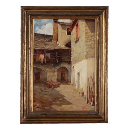 Antikes Gemälde E. Rossi Das Bauernhaus Öl auf Holzbrett 900