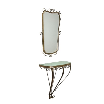 Vintage 1950s Console with Mirror Brass Glass Italy