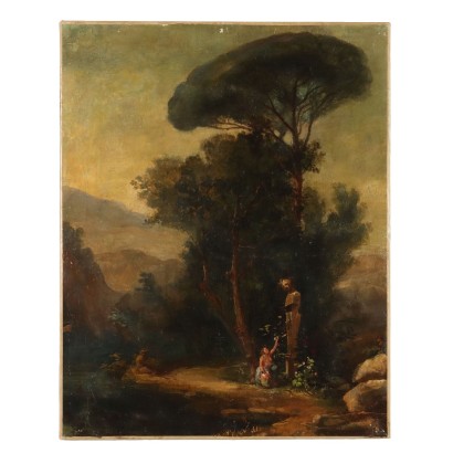 Antique Painting with Landscape Oil on Canvas Italy XIX Century