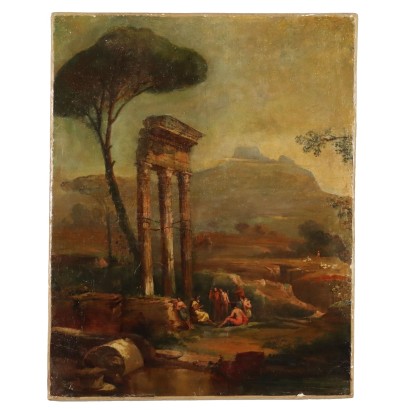 Cuadro de paisaje bucólico con figuras clásicas.