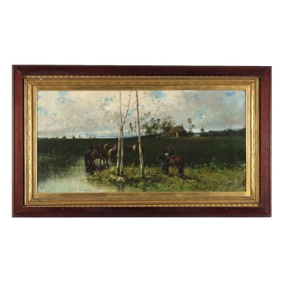Antique Painting Landscape with Figures Oil on Canvas XIX Century