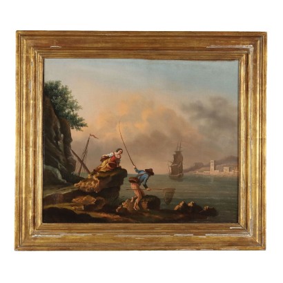 Antique Painting with Sea Landscape Oil on Canvas XIX Century