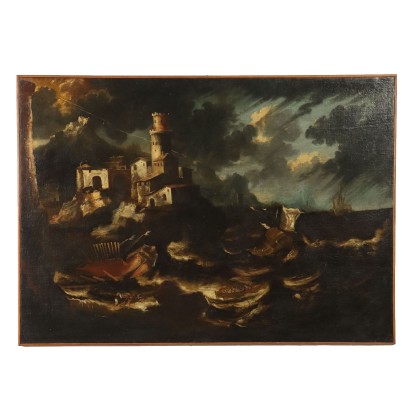 Antique Painting with Stormy Sea Oil on Canvas XVIII Century