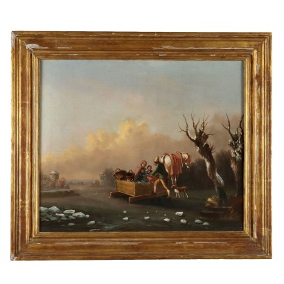 Antique Painting with Winter Landscape Oil on Canvas XIX Century