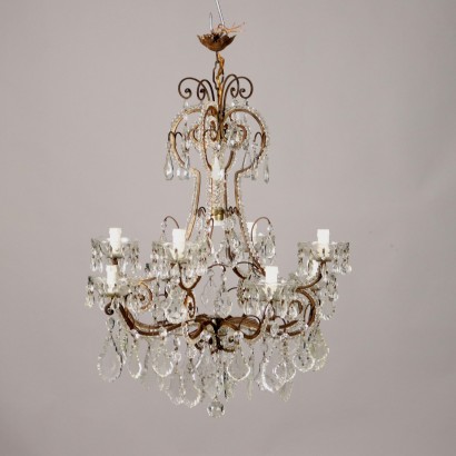 Antique 8-Light Chandelier Metal Glass Decorations Italy XX Century