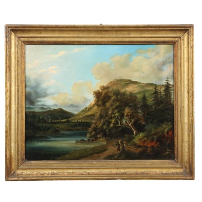 Dipinto Paesaggio con Fiume e Figure 1862
