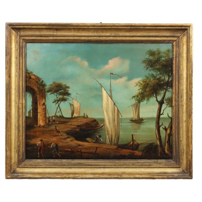 Dipinto Paesaggio costiero con Figure e Barche